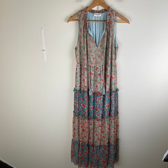Allison Floral Maxi Dress Size Medium Turquoise Pink Sleeveless Tiered Peasant - Picture 5 of 12